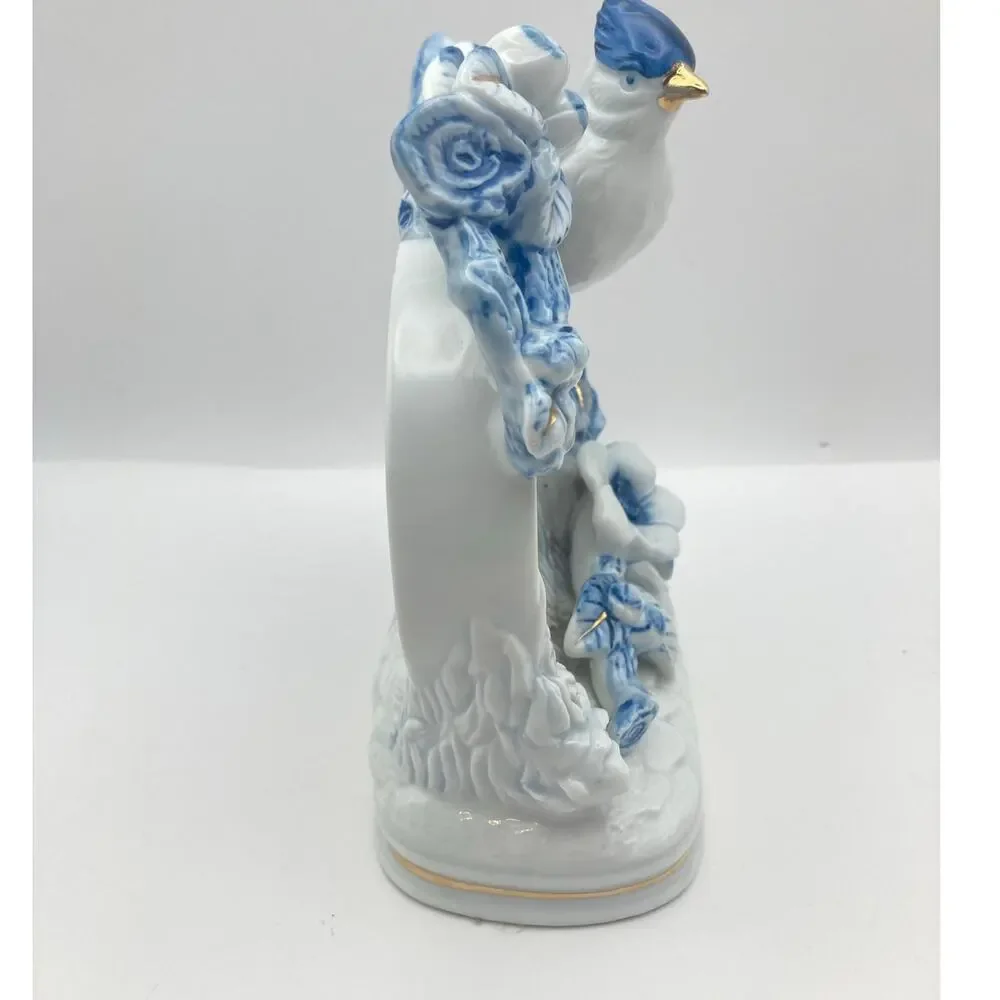 Vintage Linden Mechanical Mantle Alarm Clock Porcelain Blue Jay Gold Accents
